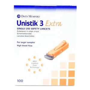 Owen Mumford UnistikÂ® 3 Extra Safety Lancet, 21 Gauge, 2-millimeter Depth